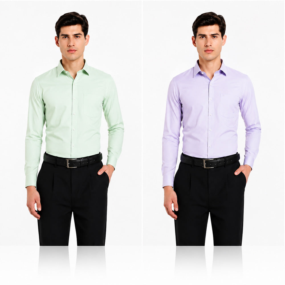 Clothizen Men's Solid Formal Shirt pack of 2 | Green | Lavender | Premium | Cotton Enriched | Full Sleeves | Comfort Fit | Single Chest Pocket