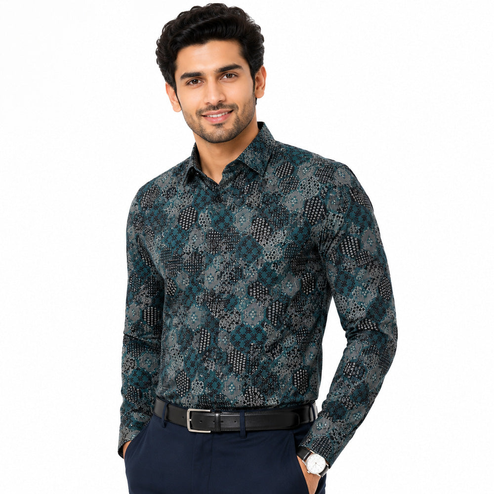 Men's Printed Regular Fit Semi Formal Shirt | Midnight Teal | Premium | 100% Cotton | Full Sleeves | Single Chest Pocket
