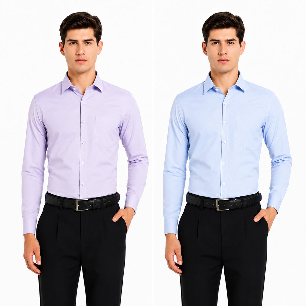 Clothizen Men's Solid Formal Shirt pack of 2 Light Blue | Lavender | Premium | Cotton Enriched | Full Sleeves | Comfort Fit | Single Chest Pocket