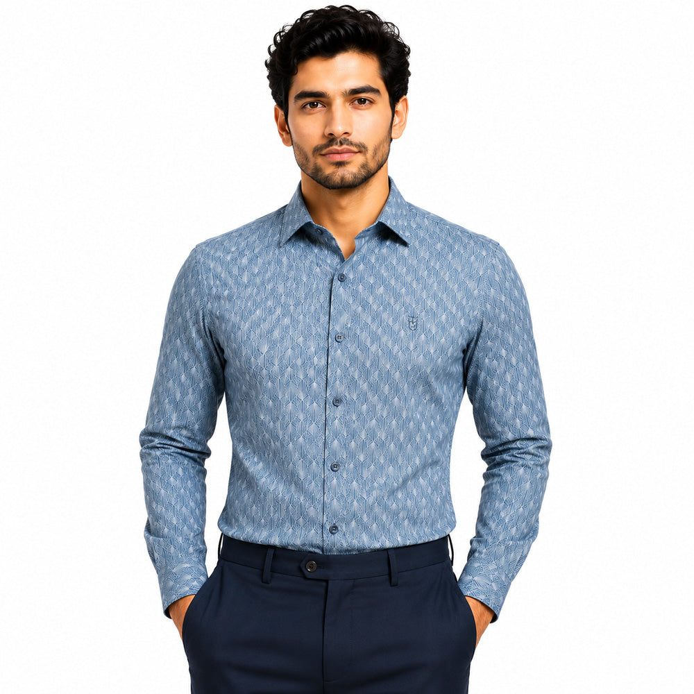 Men's Printed Regular Fit Formal Shirt | Aqua Blue | Premium |100% Satin Cotton | Full Sleeves | Single Chest Pocket Main image