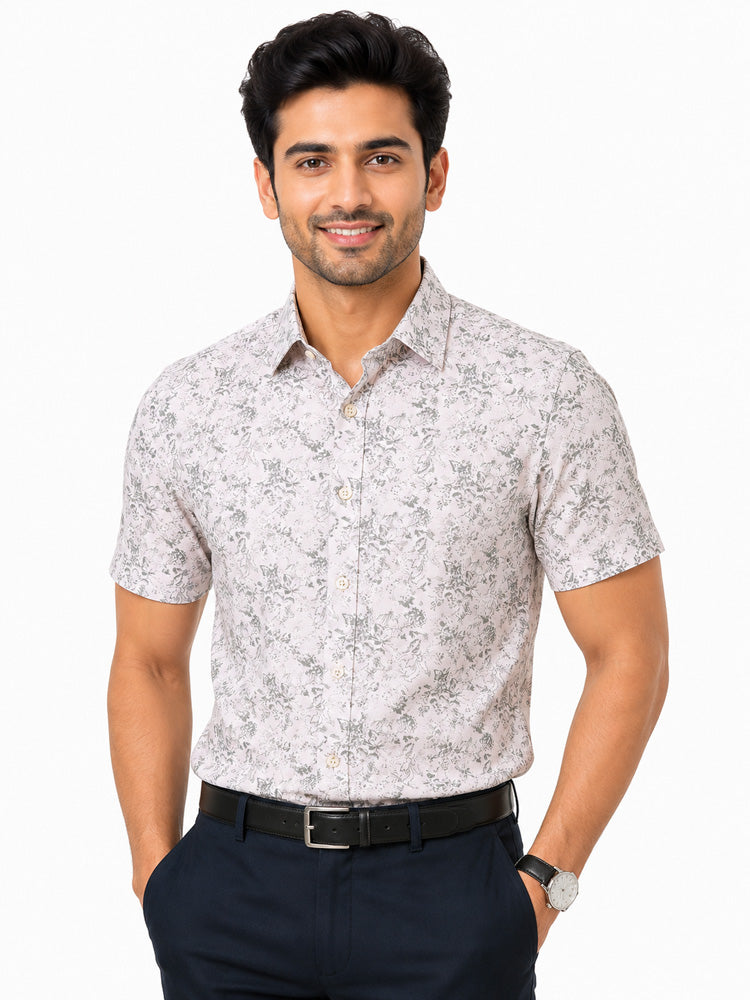 Men's Printed Slim Fit Semi Formal Shirt | Ivory White with Silver Grey Floral Print | Premium | 100% Cotton | Half Sleeves | Single Chest Pocket Main image