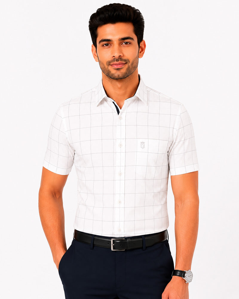 Men's Checkered Regular Fit Formal Shirt | White with Black Checks | Premium | Pure Cotton | Half Sleeves | Single Chest Pocket