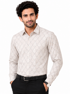 Men's Printed Regular Fit  Semi   Formal Shirt | Cream | Premium | 100% Cotton | Full Sleeves | Single Chest Pocket