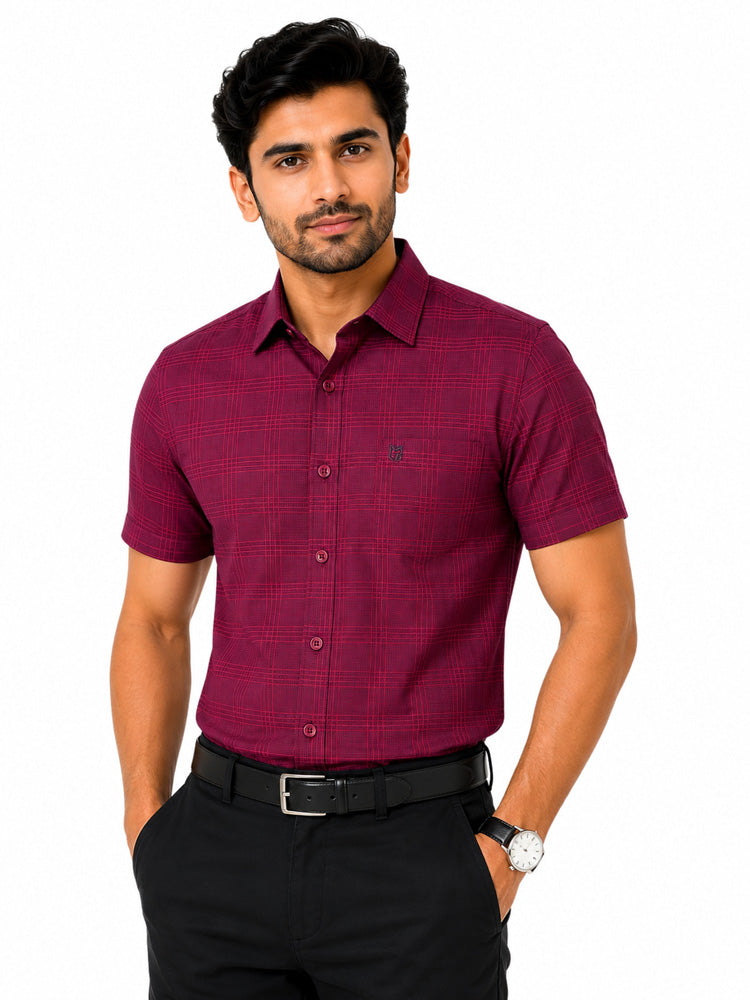 Men's Checkered Regular Fit Formal Shirt | Crimson Red with Self Checks | Premium | Pure Cotton | Half Sleeves | Single Chest Pocket Main image
