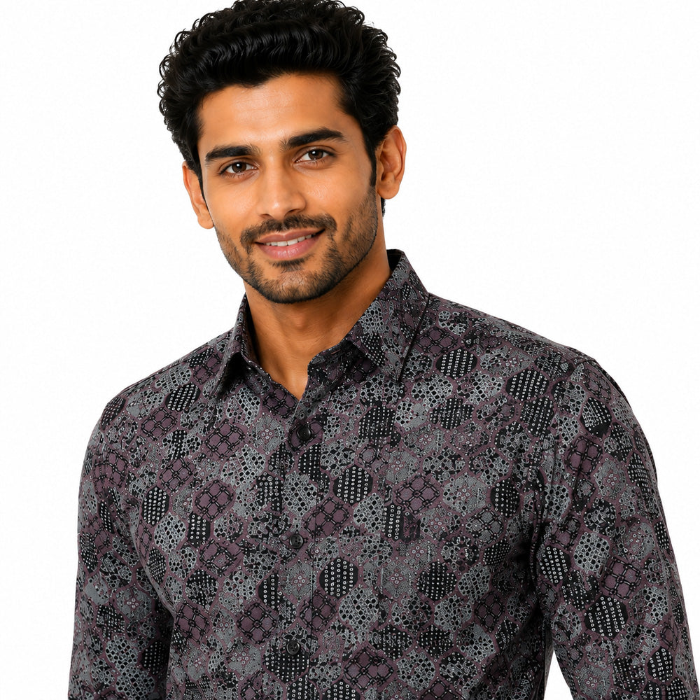 Men's Printed Regular Fit  Semi Formal Shirt | Wine Black | Premium | 100% Cotton | Full Sleeves | Single Chest Pocket Secondary image
