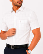 Men's Checkered Regular Fit Formal Shirt | White with Black Checks | Premium | Pure Cotton | Half Sleeves | Single Chest Pocket