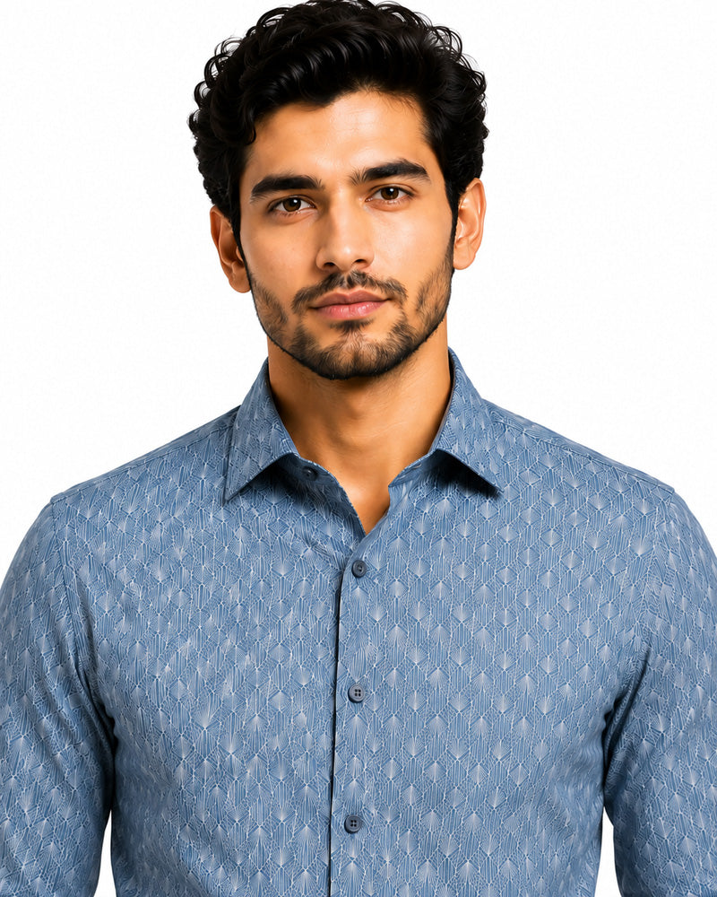 Men's Printed Regular Fit Formal Shirt | Aqua Blue | Premium |100% Satin Cotton | Full Sleeves | Single Chest Pocket
