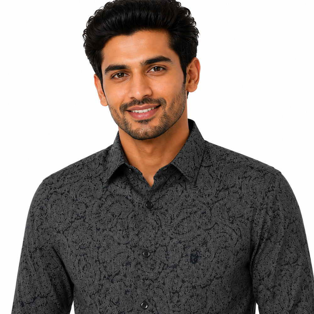 Men's Printed Regular Fit  Semi Formal Shirt | Black | Premium | 100% Cotton | Full Sleeves | Single Chest Pocket