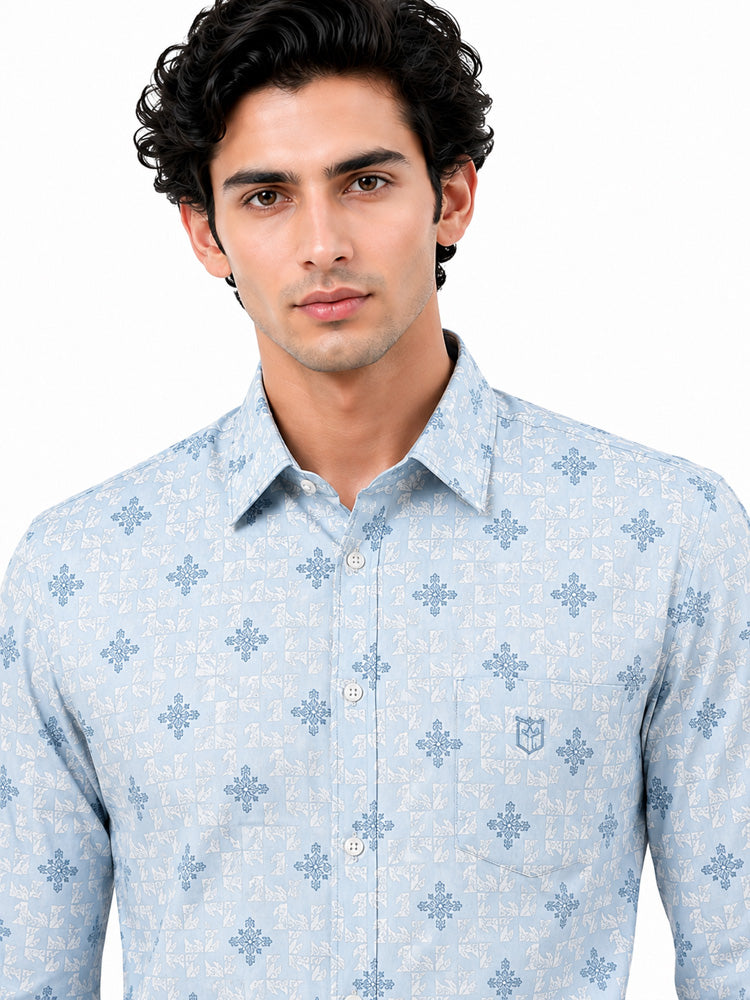 Men's Printed Regular Fit  Semi   Formal Shirt | Sky Blue | Premium | 100% Cotton | Full Sleeves | Single Chest Pocket Secondary image