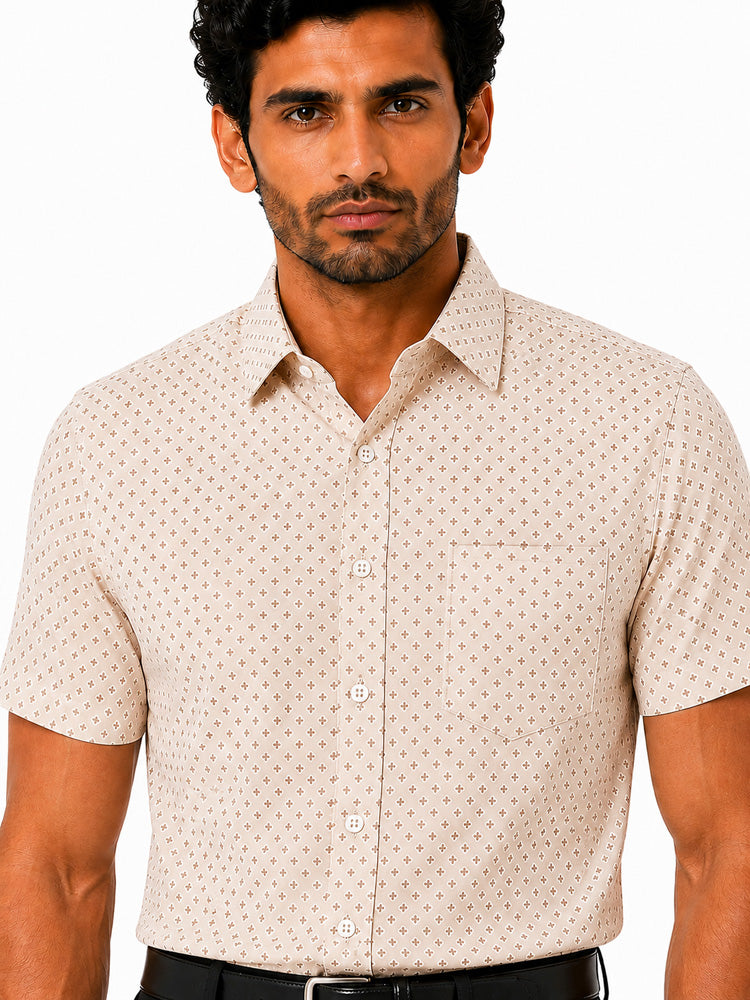 Men's Printed Slim Fit Semi Formal Shirt | Light Beige| Premium | Cotton | Half Sleeves | Single Chest Pocket
