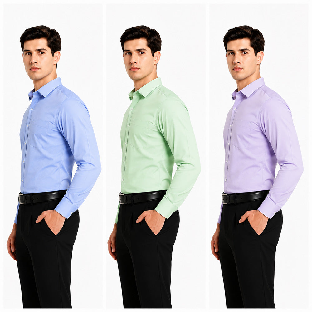 Clothizen Men's Solid Formal Shirt pack of 3 | Green | Lavender | Medium Blue | Premium | Cotton Enriched | Full Sleeves | Comfort Fit | Single Chest Pocket