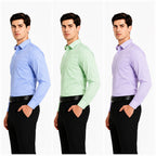 Clothizen Men's Solid Formal Shirt pack of 3 | Green | Lavender | Medium Blue | Premium | Cotton Enriched | Full Sleeves | Comfort Fit | Single Chest Pocket