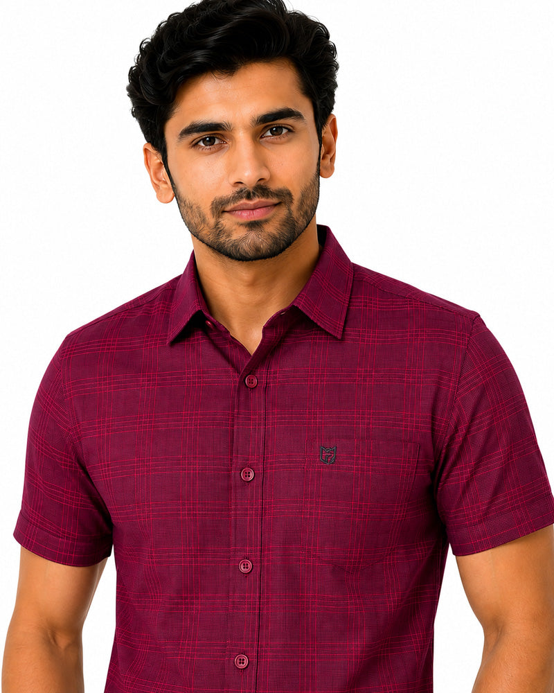 Men's Checkered Regular Fit Formal Shirt | Crimson Red with Self Checks | Premium | Pure Cotton | Half Sleeves | Single Chest Pocket