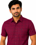 Men's Checkered Regular Fit Formal Shirt | Crimson Red with Self Checks | Premium | Pure Cotton | Half Sleeves | Single Chest Pocket