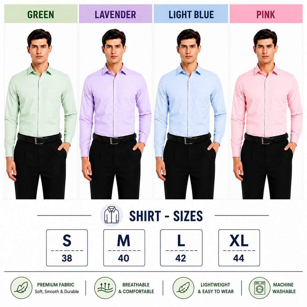 Clothizen Men's Solid Formal Shirt pack of 4 | Green | Lavender | Pink | Light Blue | Premium | Cotton Enriched | Full Sleeves | Comfort Fit | Single Chest Pocket