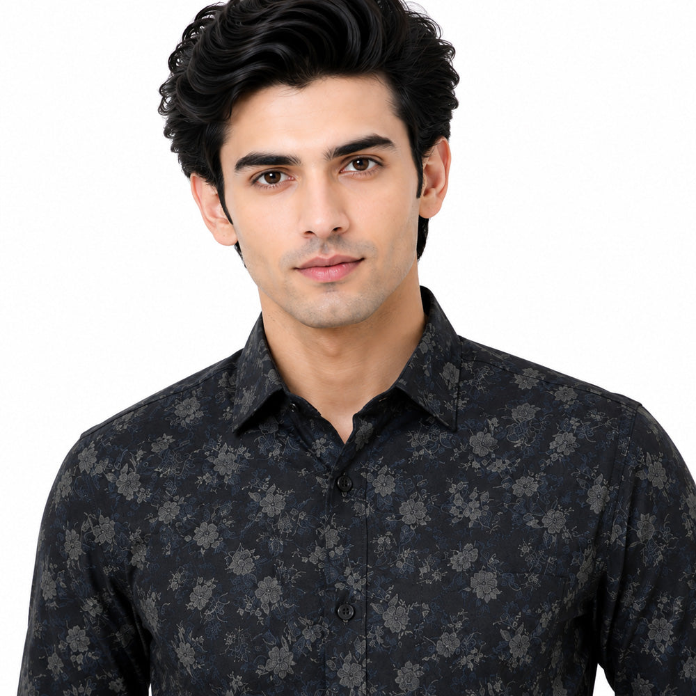 Men's Printed Regular Fit  Semi   Formal Shirt |Navy Blue | Premium | 100% Cotton | Full Sleeves | Single Chest Pocket Secondary image