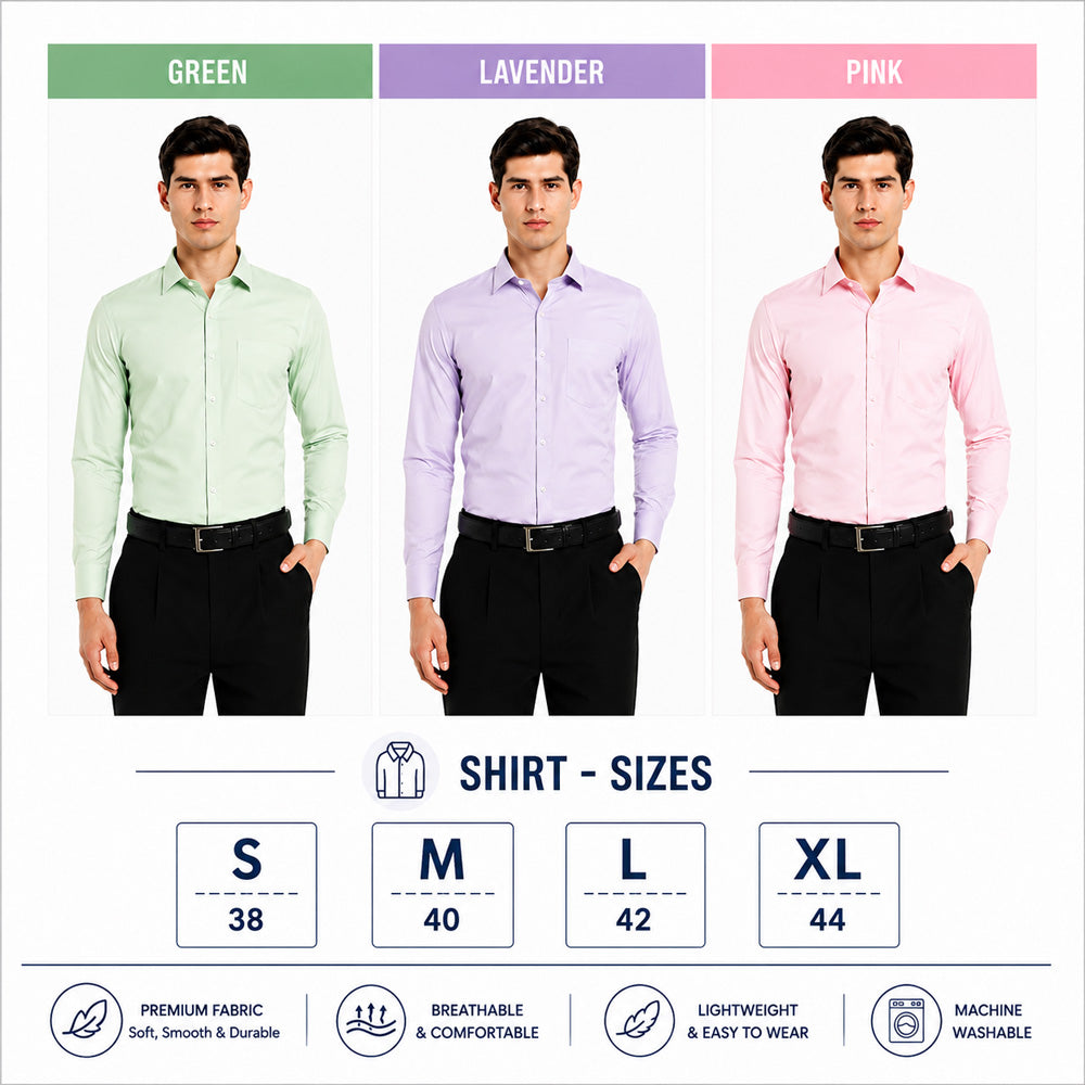 Clothizen Men's Solid Formal Shirt pack of 3 | Green | Lavender | Pink | Premium | Cotton Enriched | Full Sleeves | Comfort Fit | Single Chest Pocket Secondary image