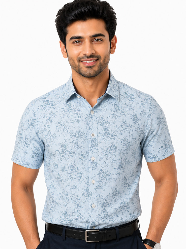 Men's Printed Slim Fit Semi Formal Shirt | Powder Blue with Slate Grey Floral Print | Premium | 100% Cotton | Half Sleeves | Single Chest Pocket Secondary image