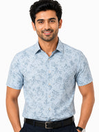 Men's Printed Slim Fit Semi Formal Shirt | Ivory White with Silver Grey Floral Print | Premium | 100% Cotton | Half Sleeves | Single Chest Pocket