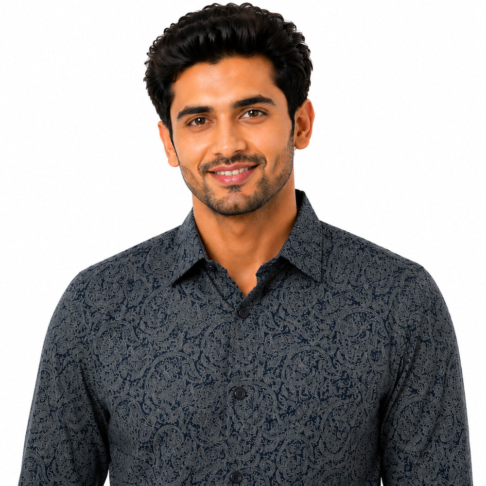 Men's Printed Regular Fit  Semi   Formal Shirt | Navy Blue | Premium | 100% Cotton | Full Sleeves | Single Chest Pocket Secondary image