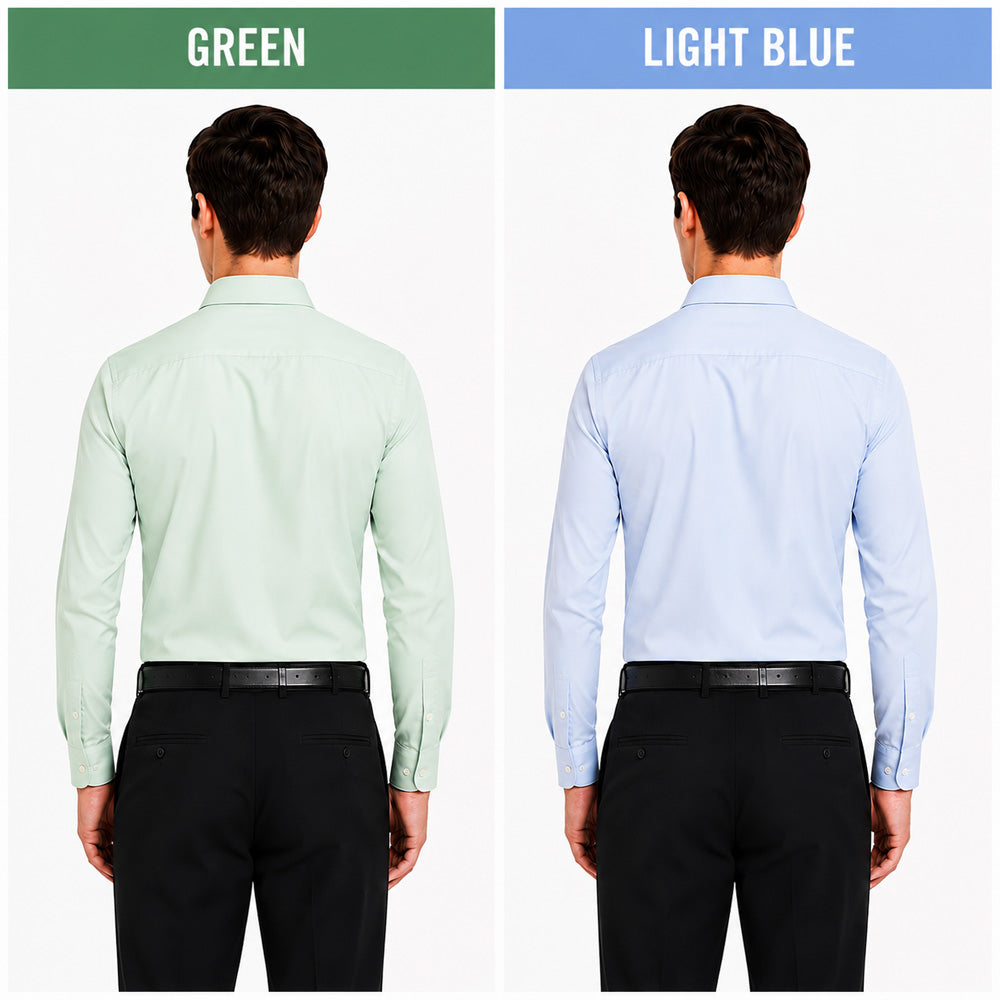 Clothizen Men's Solid Formal Shirt pack of 2 | Green | Light Blue | Premium | Cotton Enriched | Full Sleeves | Comfort Fit | Single Chest Pocket