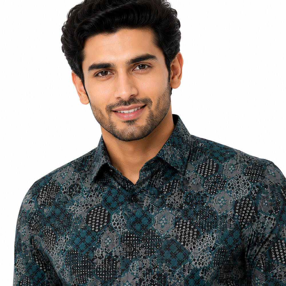 Men's Printed Regular Fit Semi Formal Shirt | Midnight Teal | Premium | 100% Cotton | Full Sleeves | Single Chest Pocket Secondary image