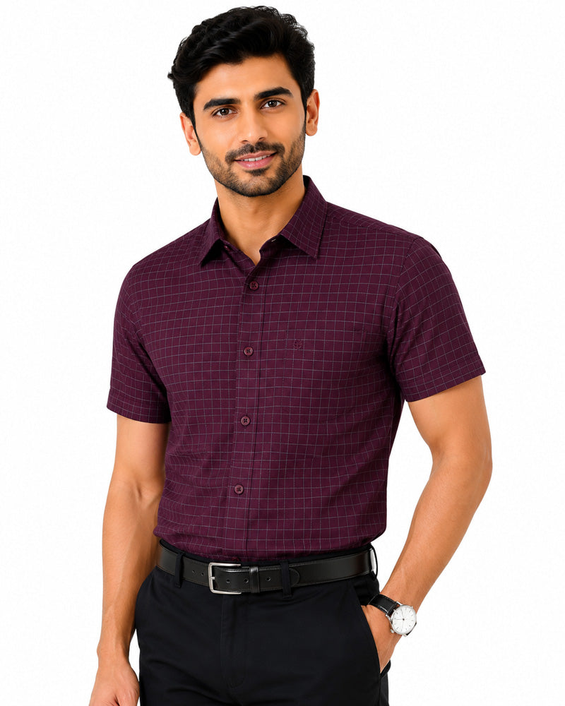 Men's Checkered Regular Fit Formal Shirt | Wine with Grey Checks | Premium | Pure Cotton | Half Sleeves | Single Chest Pocket Main image