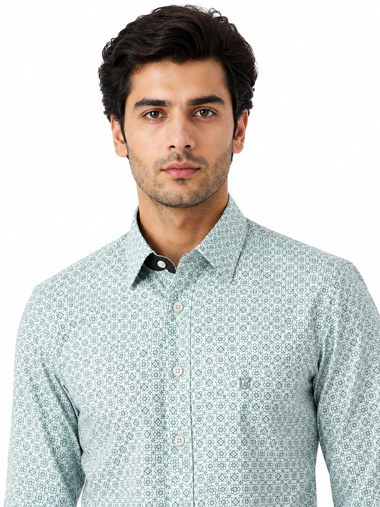 Men's Printed Regular Fit Formal Shirt |Aqua Blue Premium |100% Satin Cotton | Full Sleeves | Single Chest Pocket Secondary image