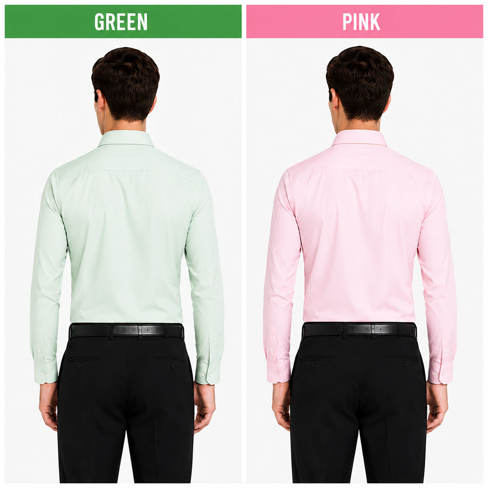 Clothizen Men's Solid Formal Shirt pack of 2 | Green | Pink | Premium | Cotton Enriched | Full Sleeves | Comfort Fit | Single Chest Pocket