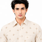 Men's Printed Regular Fit Semi Formal Shirt | Light Grey | Premium | Cotton Enriched | Full Sleeves | Single Chest Pocket
