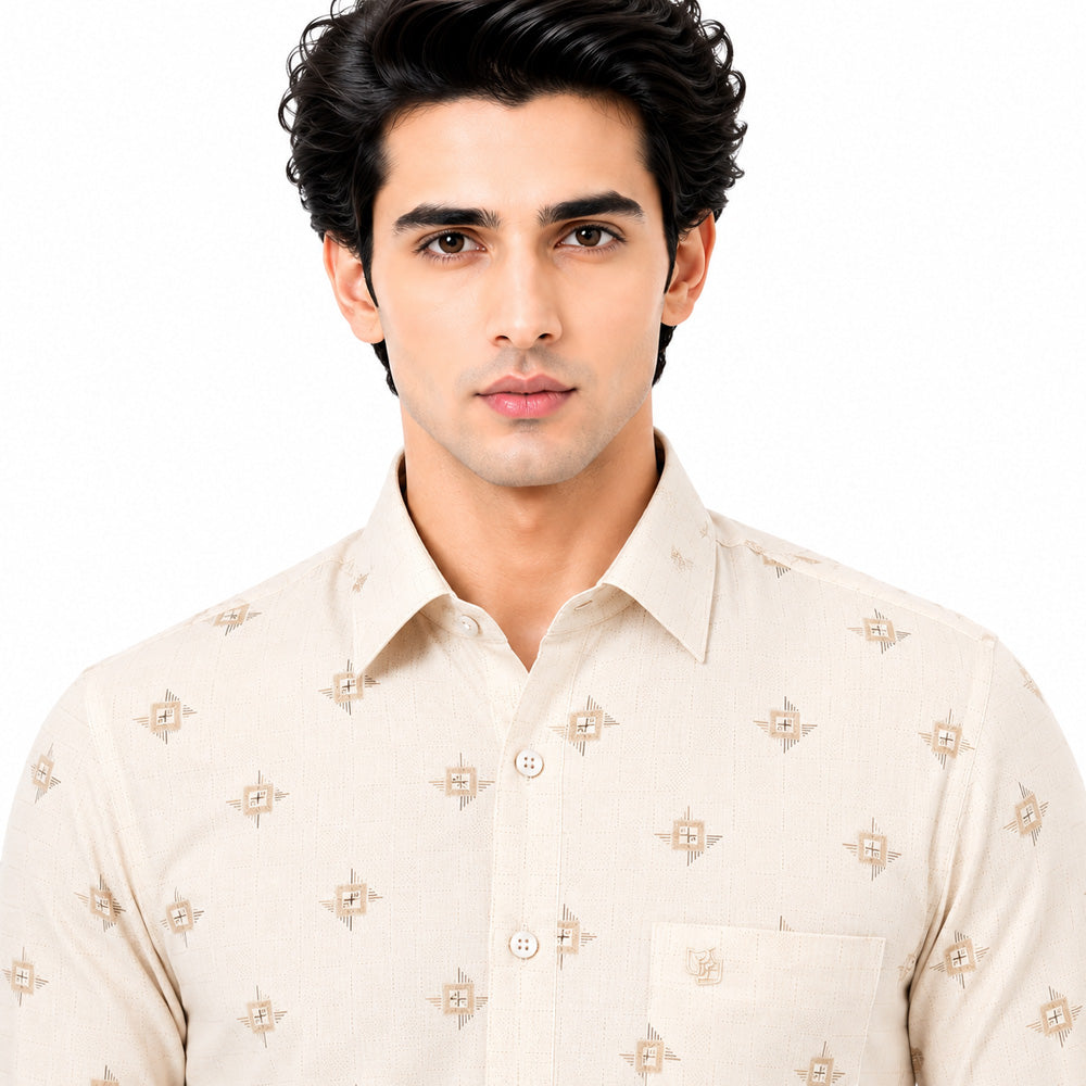Men's Printed Regular Fit Semi Formal Shirt | Light Grey | Premium | Cotton Enriched | Full Sleeves | Single Chest Pocket