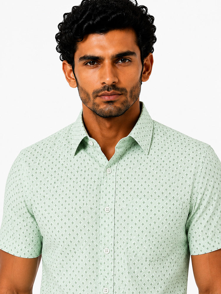 Men's Printed Slim Fit Semi Formal Shirt | Light Mint Green | Premium | Cotton | Half Sleeves | Single Chest Pocket Secondary image