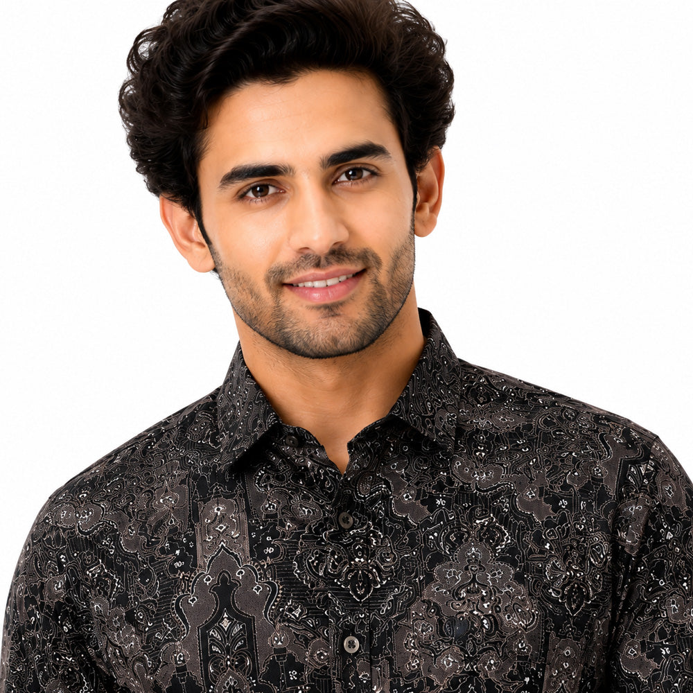 Men's Printed Regular Fit  Semi   Formal Shirt | Coffee Brown | Premium | 100% Cotton | Full Sleeves | Single Chest Pocket Secondary image