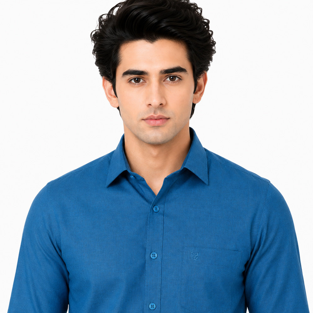 Clothizen Men's Solid Formal Shirt | Peacock Blue | Premium | Cotton Enriched | Full Sleeves | Comfort Fit | Single Chest Pocket Secondary image