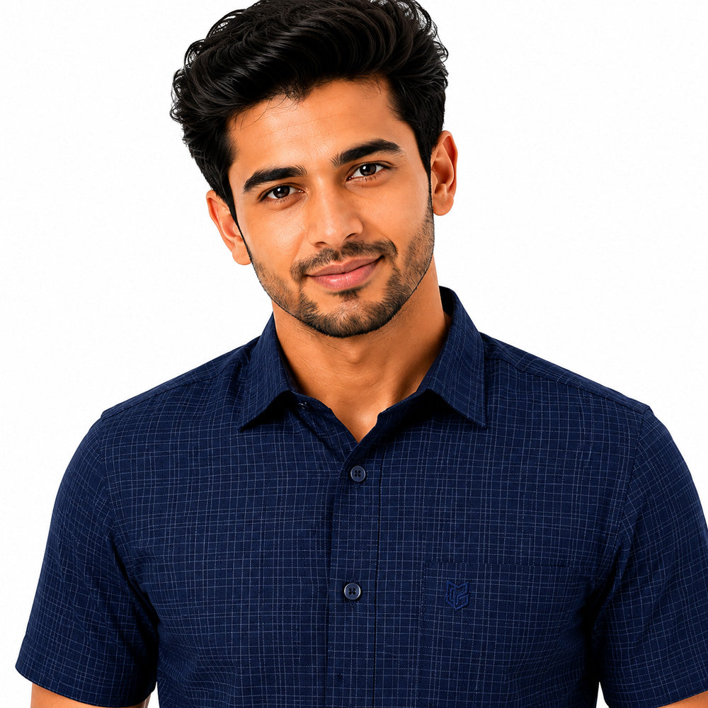 Men's Checkered Regular Fit Formal Shirt | Slate Grey with Self Checks | Premium | Pure Cotton | Half Sleeves | Single Chest Pocket