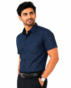 Men's Printed Regular Fit Formal Shirt | Ice Grey with Slate Grey Geometric Print | Premium | Pure Cotton | Half Sleeves | Single Chest Pocket