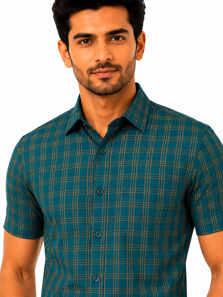 Men's Checkered Regular Fit Formal Shirt | Teal Blue with Mustard Checks | Premium | Pure Cotton | Half Sleeves | Single Chest Pocket Secondary image