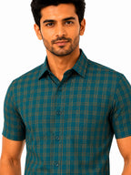 Men's Checkered Regular Fit Formal Shirt | Charcoal Grey with Copper Checks | Premium | Pure Cotton | Half Sleeves | Single Chest Pocket