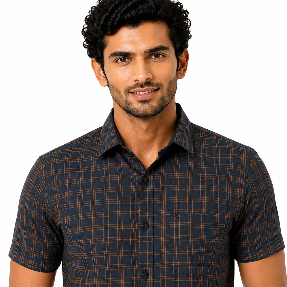 Men's Checkered Regular Fit Formal Shirt | Charcoal Grey with Copper Checks | Premium | Pure Cotton | Half Sleeves | Single Chest Pocket Secondary image