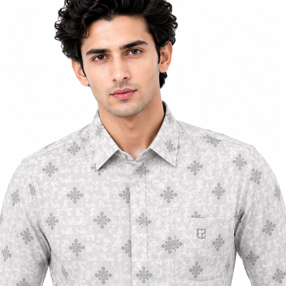 Men's Printed Regular Fit  Semi  Formal Shirt | Pearl White | Premium | 100% Cotton | Full Sleeves | Single Chest Pocket Secondary image