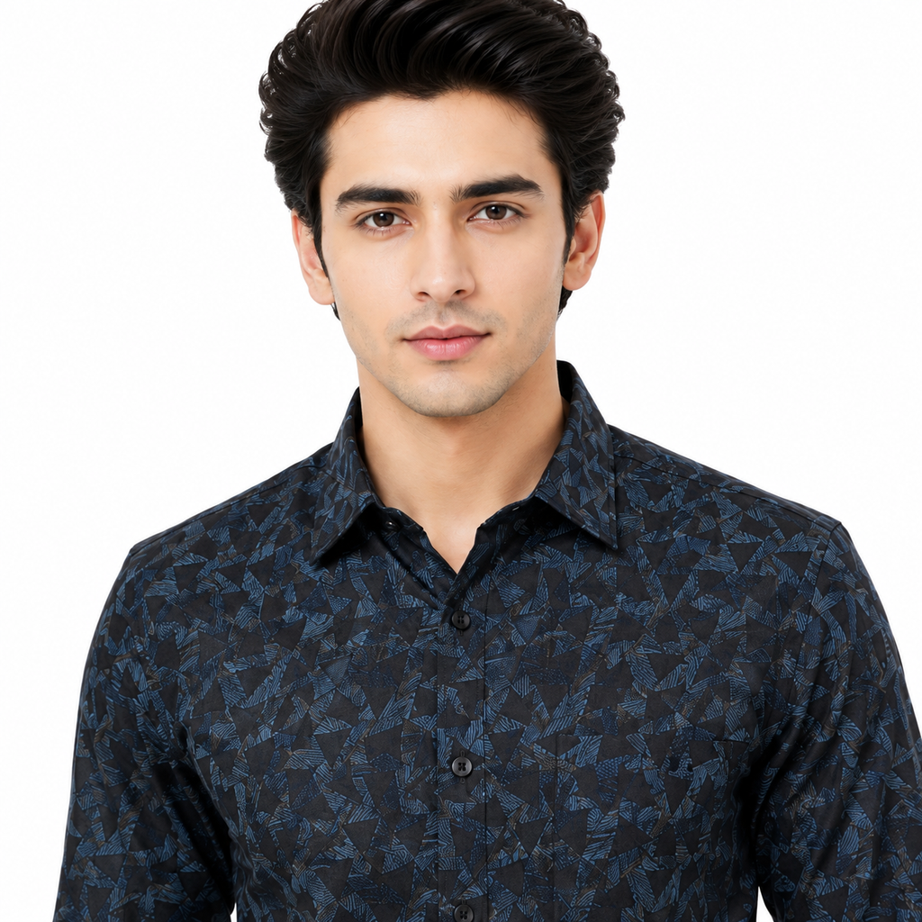 Men's Printed Regular Fit  Semi   Formal Shirt | Royal Blue Black | Premium | 100% Cotton | Full Sleeves | Single Chest Pocket
