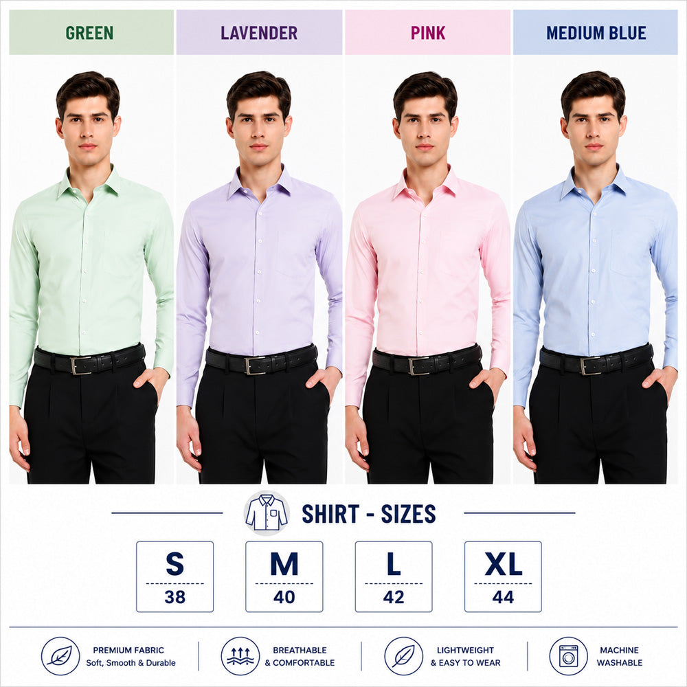 Clothizen Men's Solid Formal Shirt pack of 4 | Medium Blue| Green | Lavender | Pink | Premium | Cotton Enriched | Full Sleeves | Comfort Fit | Single Chest Pocket Secondary image