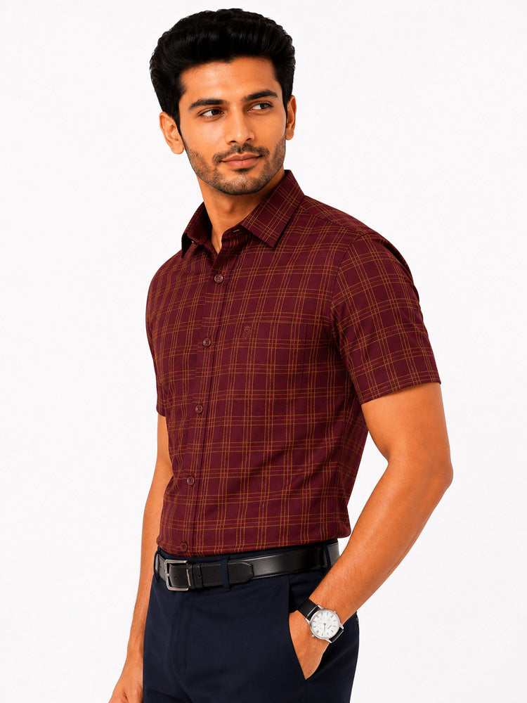 Men's Checkered Regular Fit Formal Shirt | Charcoal Grey with Copper Checks | Premium | Pure Cotton | Half Sleeves | Single Chest Pocket