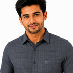 Men's Checkered Regular Fit Formal Shirt | Slate Grey with Self Checks | Premium | Pure Cotton | Half Sleeves | Single Chest Pocket