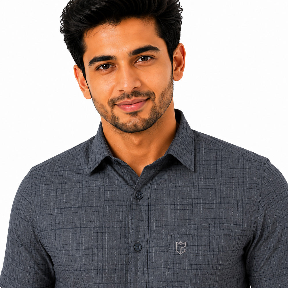 Men's Checkered Regular Fit Formal Shirt | Slate Grey with Self Checks | Premium | Pure Cotton | Half Sleeves | Single Chest Pocket