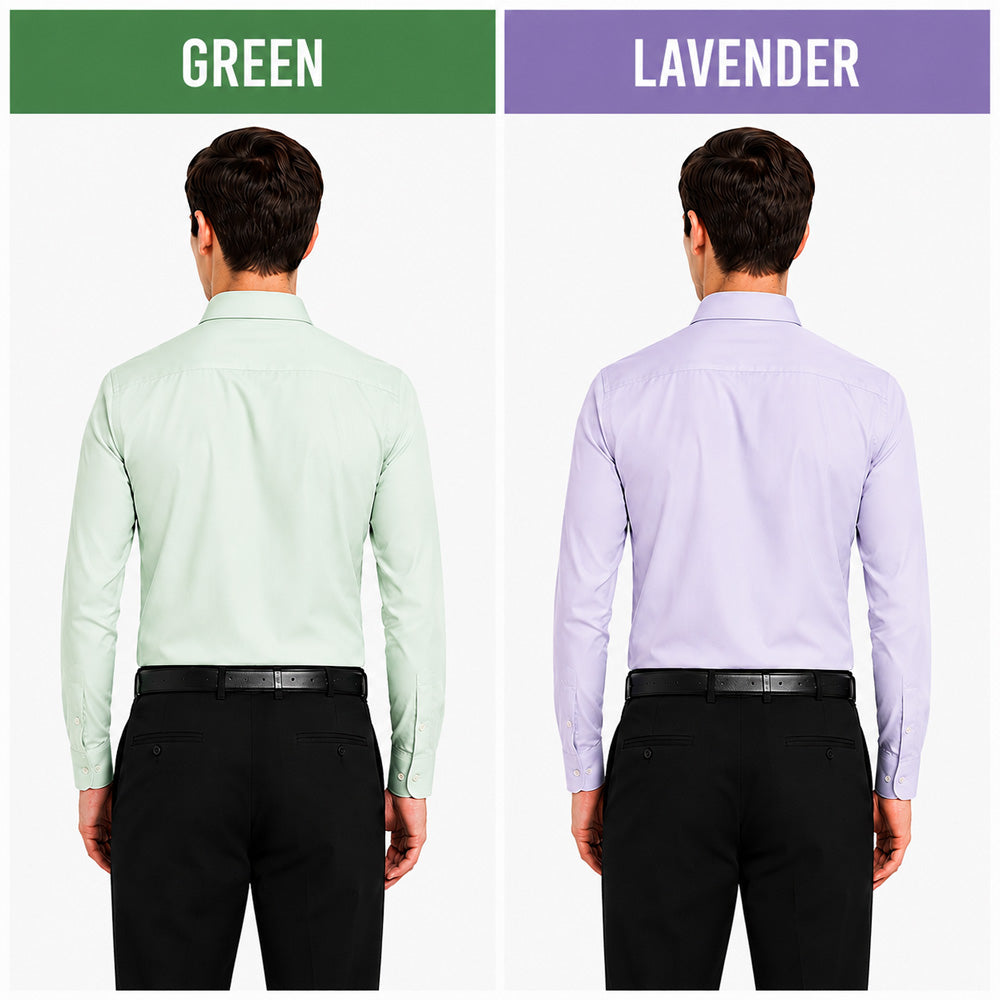 Clothizen Men's Solid Formal Shirt pack of 2 | Green | Lavender | Premium | Cotton Enriched | Full Sleeves | Comfort Fit | Single Chest Pocket