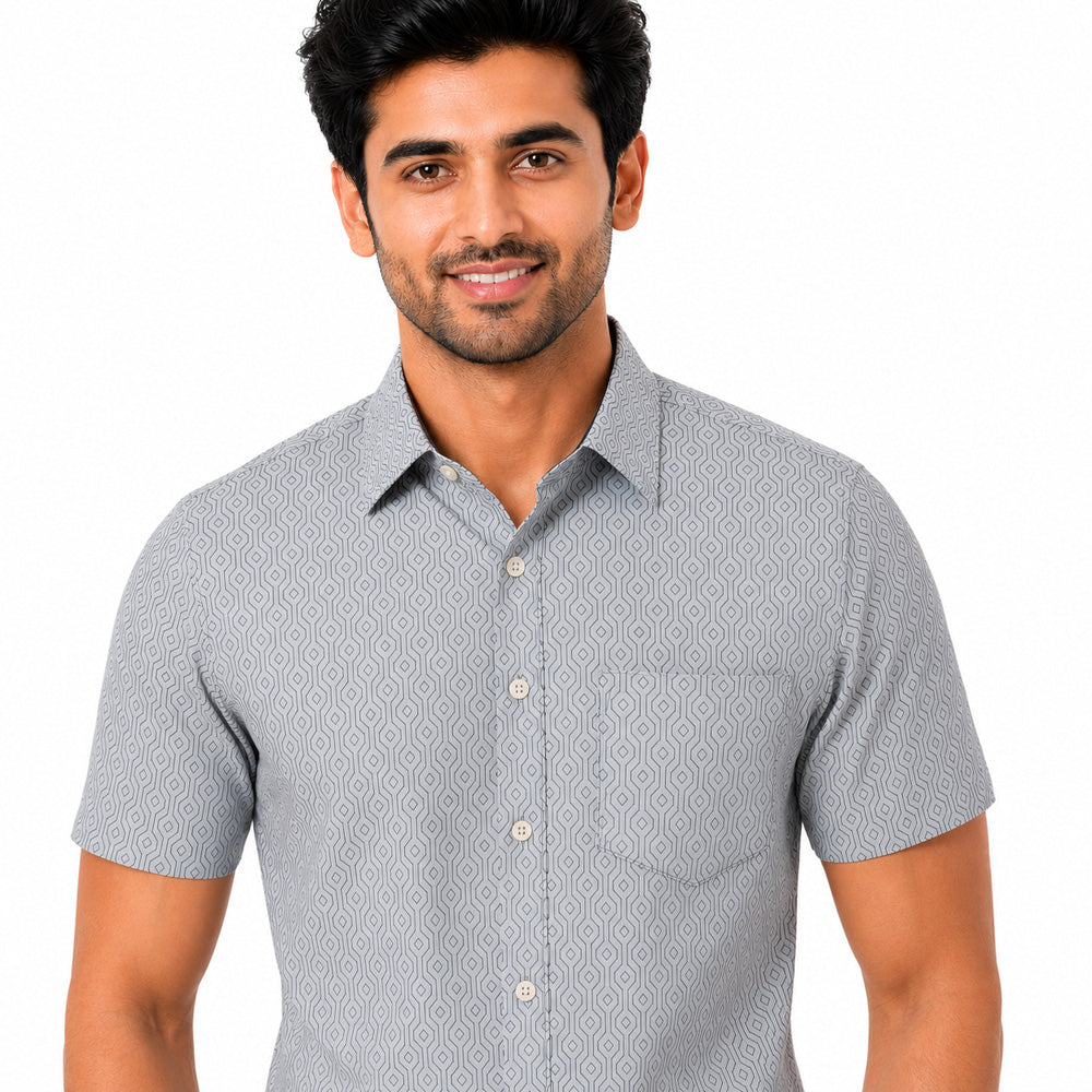 Men's Printed Regular Fit Formal Shirt | Ice Grey with Slate Grey Geometric Print | Premium | Pure Cotton | Half Sleeves | Single Chest Pocket Secondary image