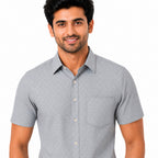 Men's Printed Regular Fit Formal Shirt | Ice Grey with Slate Grey Geometric Print | Premium | Pure Cotton | Half Sleeves | Single Chest Pocket