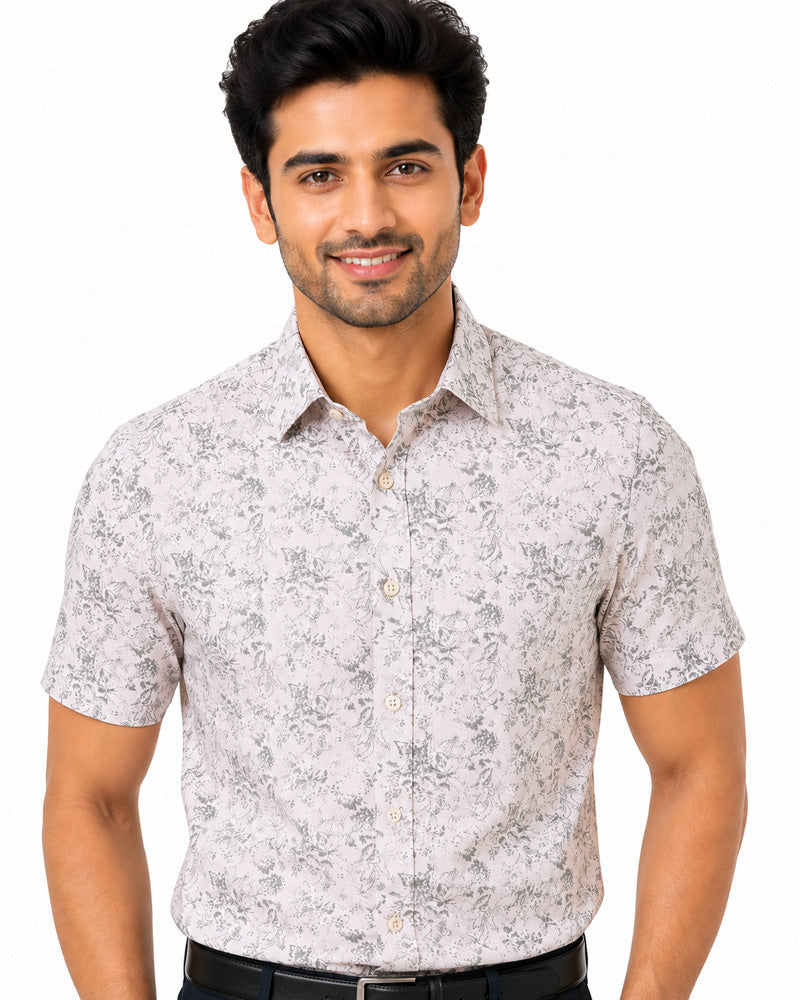 Men's Printed Slim Fit Semi Formal Shirt | Ivory White with Silver Grey Floral Print | Premium | 100% Cotton | Half Sleeves | Single Chest Pocket