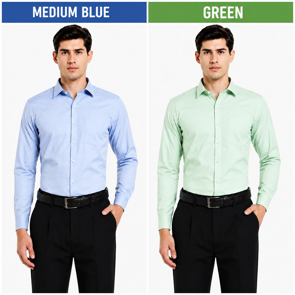 Clothizen Men's Solid Formal Shirt pack of 2 Medium Blue | Green| Premium | Cotton Enriched | Full Sleeves | Comfort Fit | Single Chest Pocket